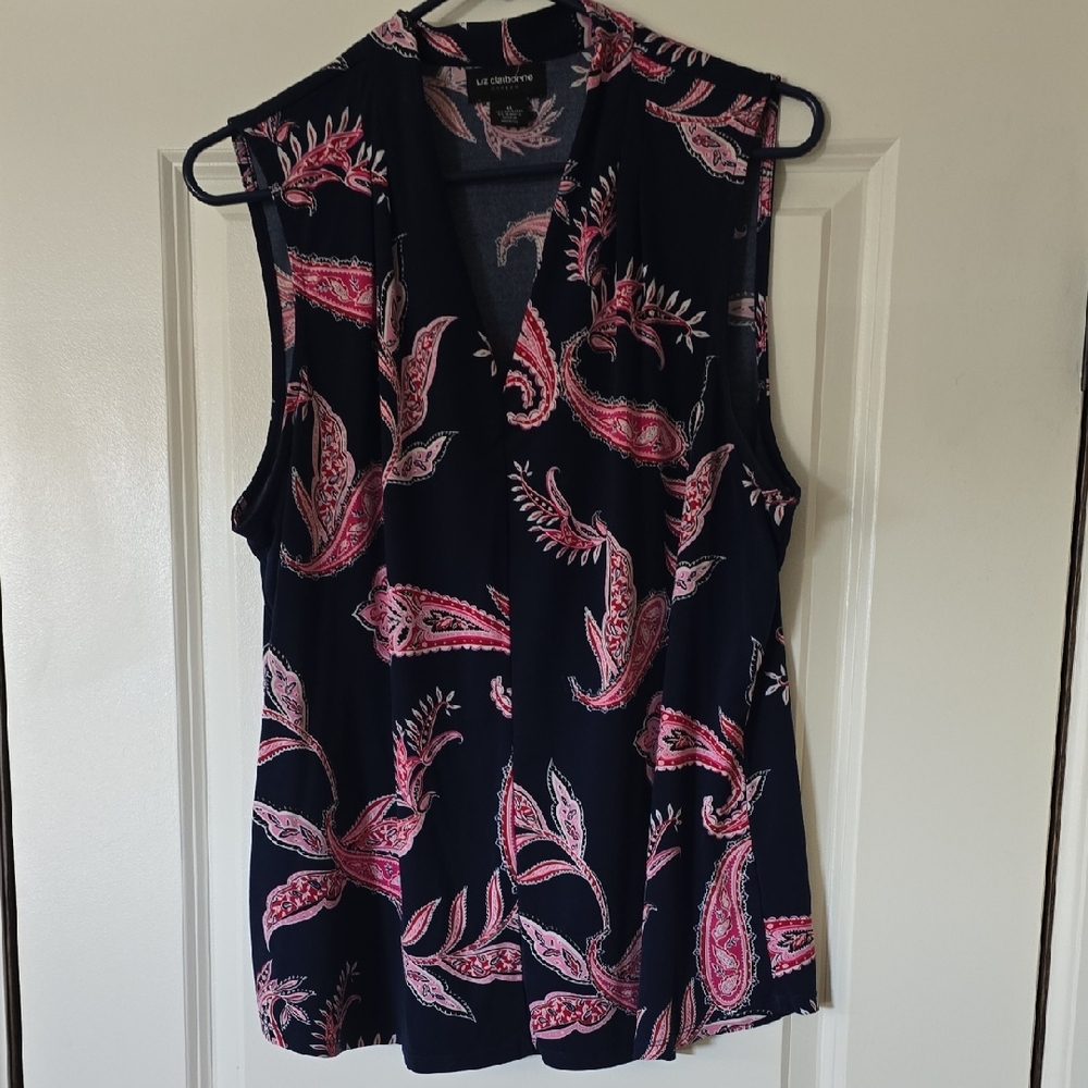 Sleeveless Paisley V-Neck Tank - Navy Pink Print Liz Claiborne